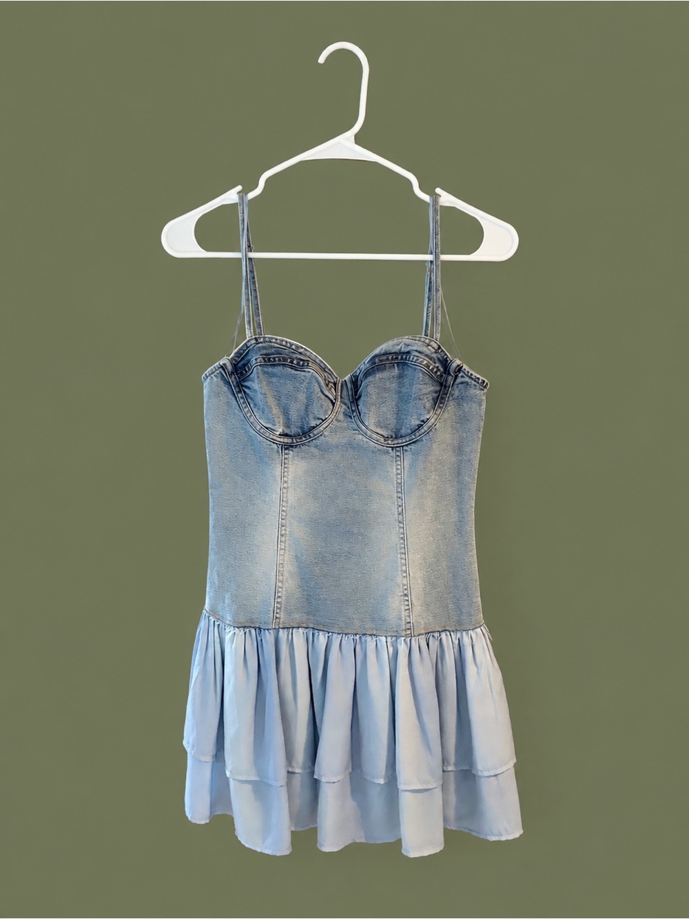 Light Blue Denim Bodice Mini Dress with Ruffled Hem